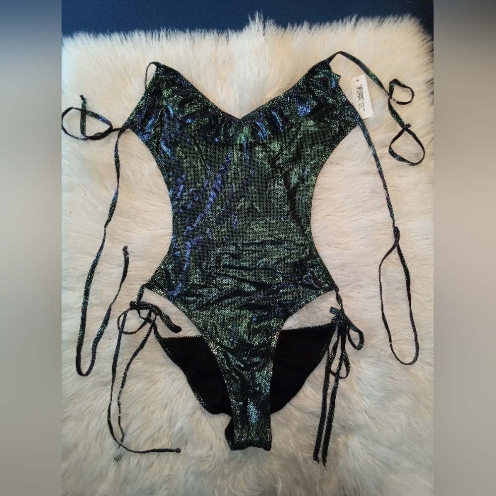 Shimmering Black and Green Women's Intimate Bodysuit